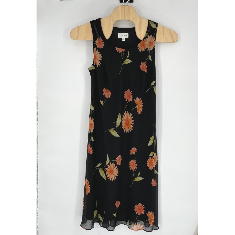Studio I Women Sun Dress 14W Shift Black Orange Floral Chiffon Sleeveless